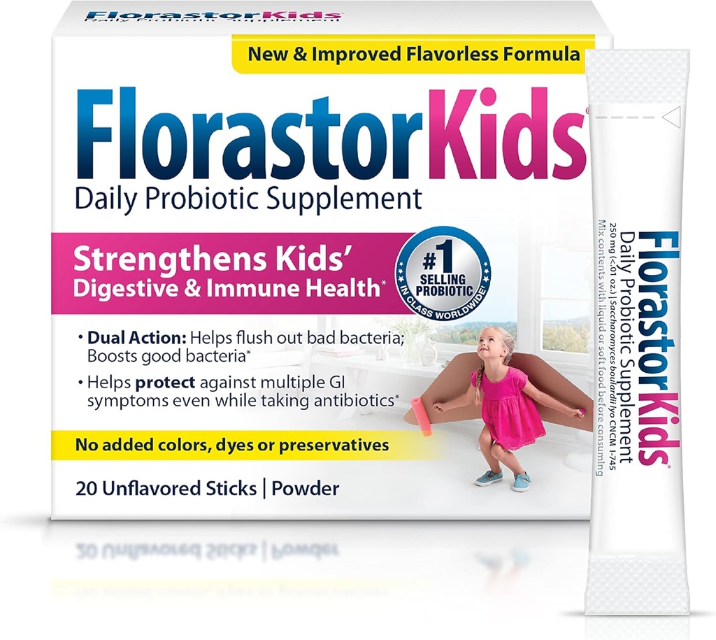 Florastor Kids Daily Probiotic Supplement, Άγευστη σκόνη αναμειγνύεται με τρόφιμα ή ποτά, Χρήση με αντιβιοτικά, Saccharomyces Boulardii CNCM I-745 (20 φακελάκια), Συσκευασία των 2