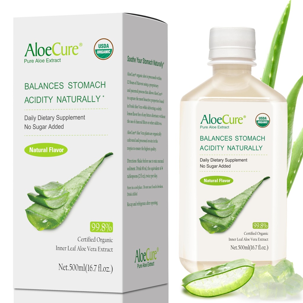 AloeCure USDA Organic Aloe Vera Juice Made Within 12 Hrs of Harvest - Pure Aloe Juice Natural Digestive Supplement to Support Digestion, Immune System and balanced Stomach Acidity, 500ml Μπουκάλι