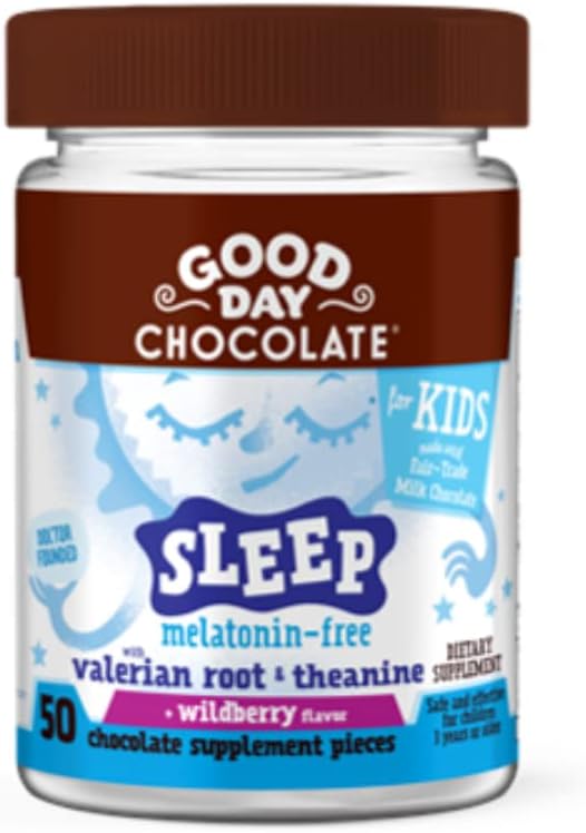 Good Day Chocolate Natural Valerian Root for Kids, Herbal Sleep Supplement, Organic Wildberry Flavor, Fair Trade and Non-GMO Chocolate, L-Theanine, 50 Pieces