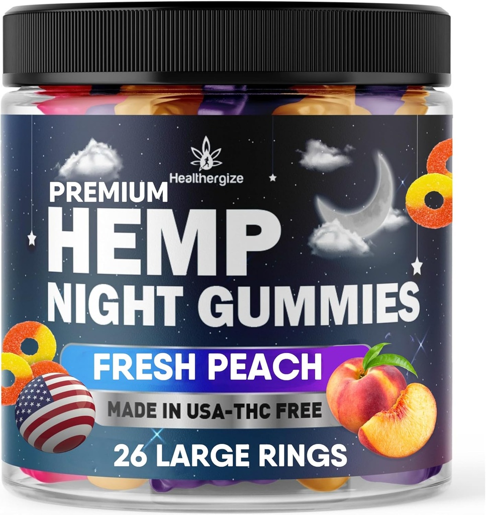 Hamp Gummies Night Time, High Potency Nap Gummies, Peace and Relaxation, Peach Ring Gummy Bear Edibles, Good Mood, Calm Bedtime-Gomitas para Dormir, Natural Hemp Oil-Made in USA
