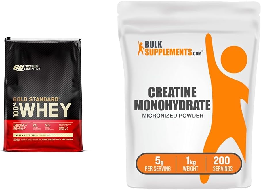 Optimum Nutrition Gold Πρότυπο 100% Whey Protein Powder, Vanilla Ice Cream, 10 Λίρες (Packaging May Vary) & BulkSupplements Μικρονισμένη Creatine Monohydrate Powder (1 Κιλόγραμμα)