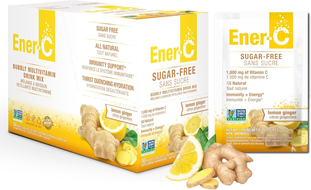 Ener-C ζάχαρη χωρίς λεμόνι Ginger πολυβιταμινικό ποτό μείγμα, 1000mg βιταμίνη C, μη ΓΤΟ, Vegan, πραγματικό χυμό φρούτων σε σκόνη, φυσική υποστήριξη ανοσίας, ηλεκτρολύτες, χωρίς γλουτένη, 1-πακέτο των 30