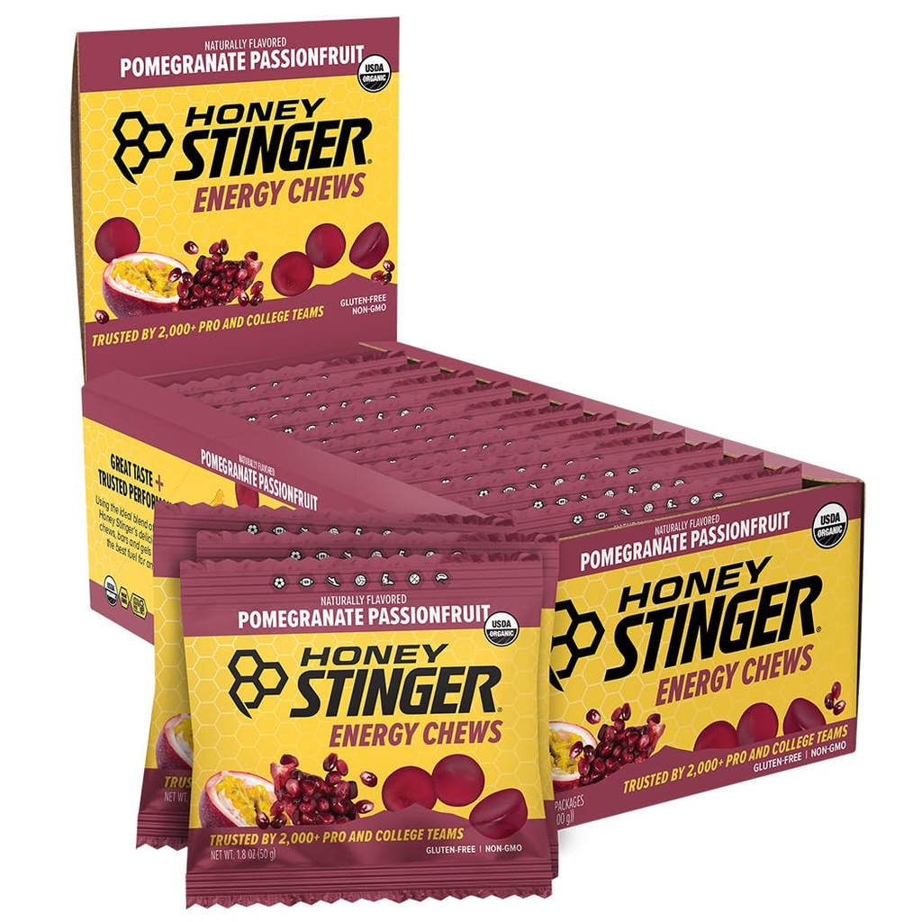 Μέλι Stinger Βιολογικό Ρόδι Passimfruit Energy Chew, Χωρίς γλουτένη & καφεΐνη, για άσκηση, τρέξιμο και απόδοση, Αθλητική διατροφή για το σπίτι & γυμναστήριο, προ και μέση προπόνηση, 12 Πακέτο