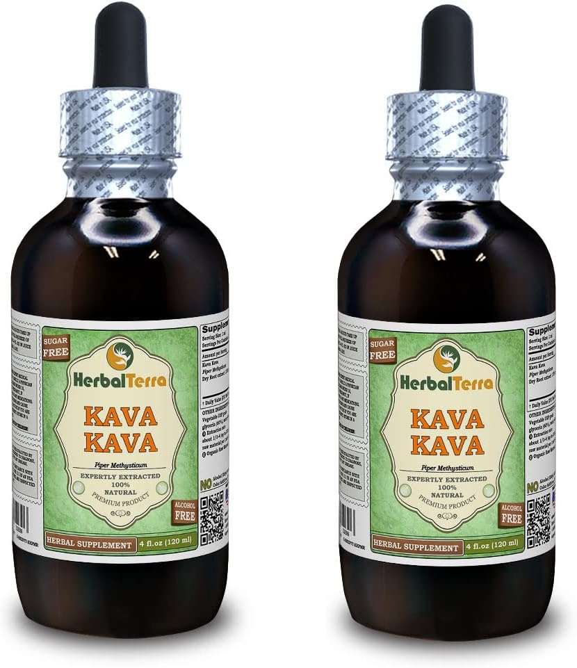 Kava Kava (Piper Methysticum) Γλυκερίτης, αποξηραμένο υγρό χωρίς ρίζα αλκοόλη (Όνομα: HerbalTerra, Περήφανα Made in USA) 2x4 fl.oz (2x120 ml)