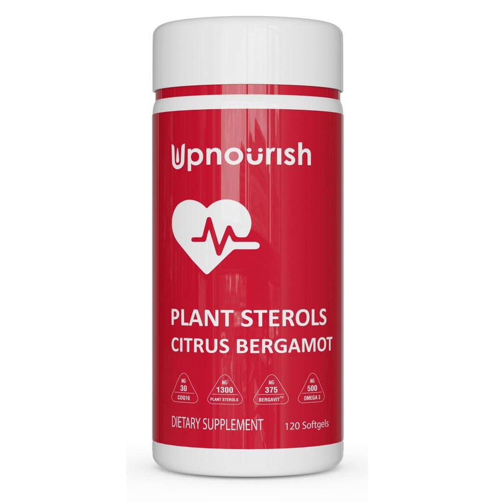 UpNourish Plant Sterols Citrus Bergamot Supplement με CoQ10, Omega 3, Olive Leaf, Turmeric Curcumin, Μαύρο Σκόρδο και Νιασίνη - 120 Softgels