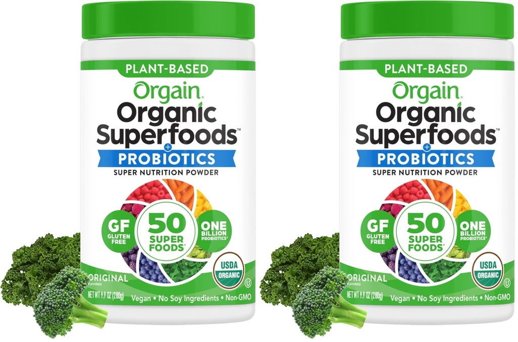Orgain Organic Greens Powder + 50 Superfoods, Original - 1 δις προβιοτικά για την υγεία των ούλων, αντιοξειδωτικά, Vegan, φυτά με βάση, χωρίς γλουτένη, μη ΓΤΟ, χωρίς γαλακτοκομικά χυμούς και smoothie Mix - 0,62lb