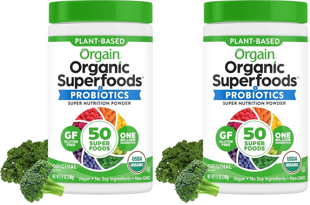 Orgain Organic Greens Powder + 50 Superfoods, Original - 1 δις προβιοτικά για την υγεία των ούλων, αντιοξειδωτικά, Vegan, φυτά με βάση, χωρίς γλουτένη, μη ΓΤΟ, χωρίς γαλακτοκομικά χυμούς και smoothie Mix - 0,62lb
