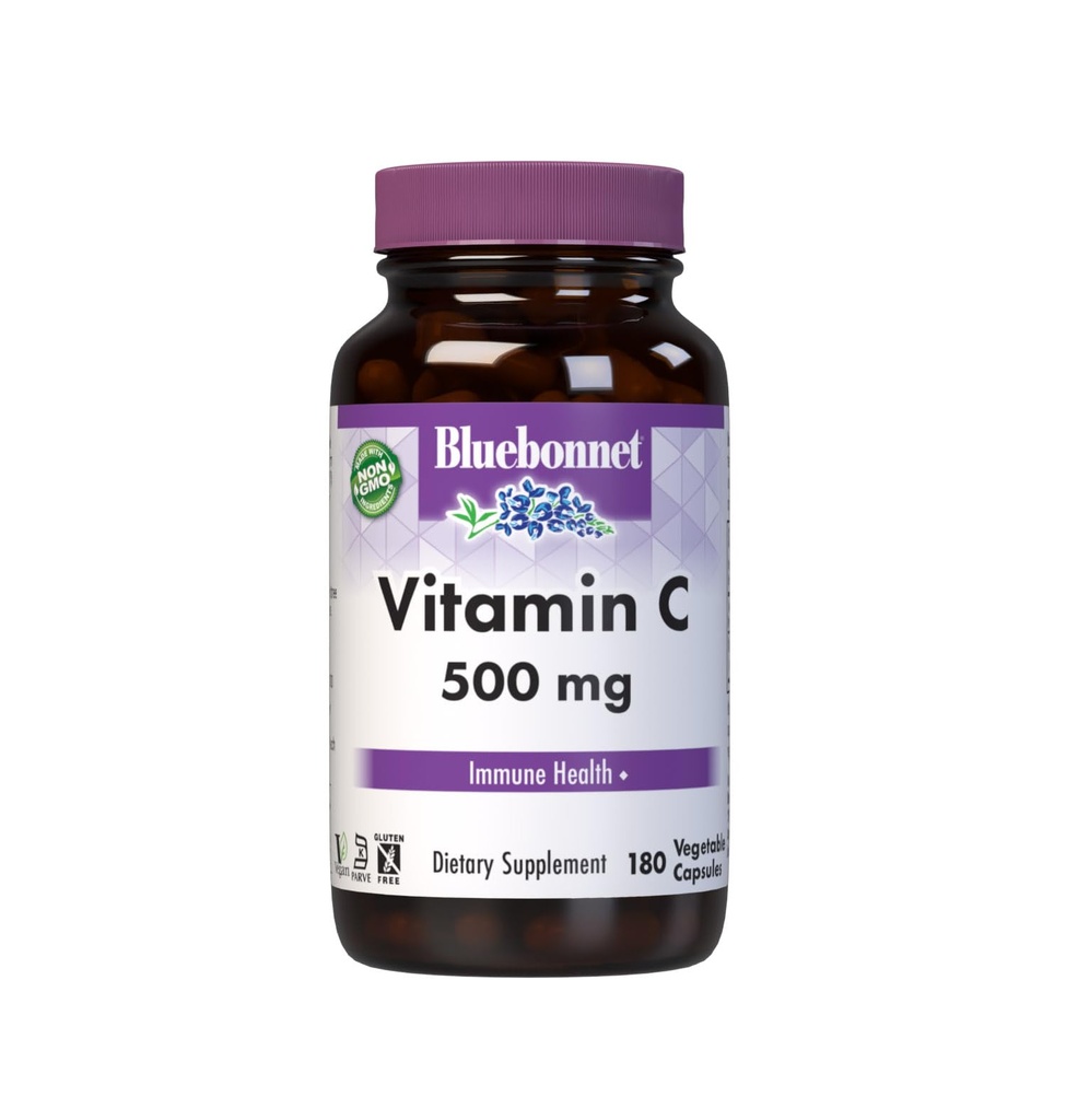 Bluebonnet Διατροφή Βιταμίνη C 500 mg Καψάκια λαχανικών, Ασκορβικό οξύ, για την Ανοσολογική Υγεία & Υγεία του Δέρματος, Vegan, Χορτοφαγικά, Μη ΓΤΟ, Χωρίς γλουτένη, Χωρίς σόγια, Χωρίς γάλα, Kosher, 180 Καψάκια λαχανικών