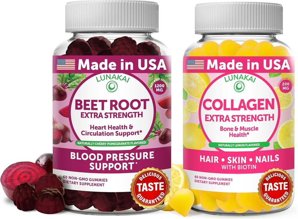 Lunakai Beet Root and Collagen Gummies Bundle 200mg Hydrolyzed Collagen Gummies for Women and Men with Biotin, Zinc, Vitamin C and E - Αντιγηραντική Γήρανση