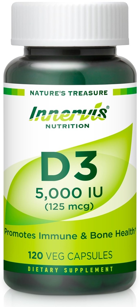 High Potency Vitamin D3 5000 IU – Boost Immune, Support Bone & Teeth, Easy to Swallow 120 Veg Capsules