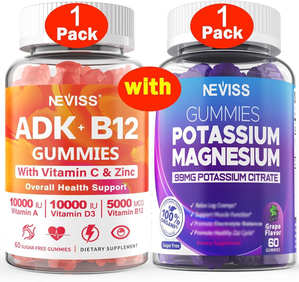 NEVISS 1Pack Vitamin ADK with B12 + 1Pack Potassium Magnesium Gummies
