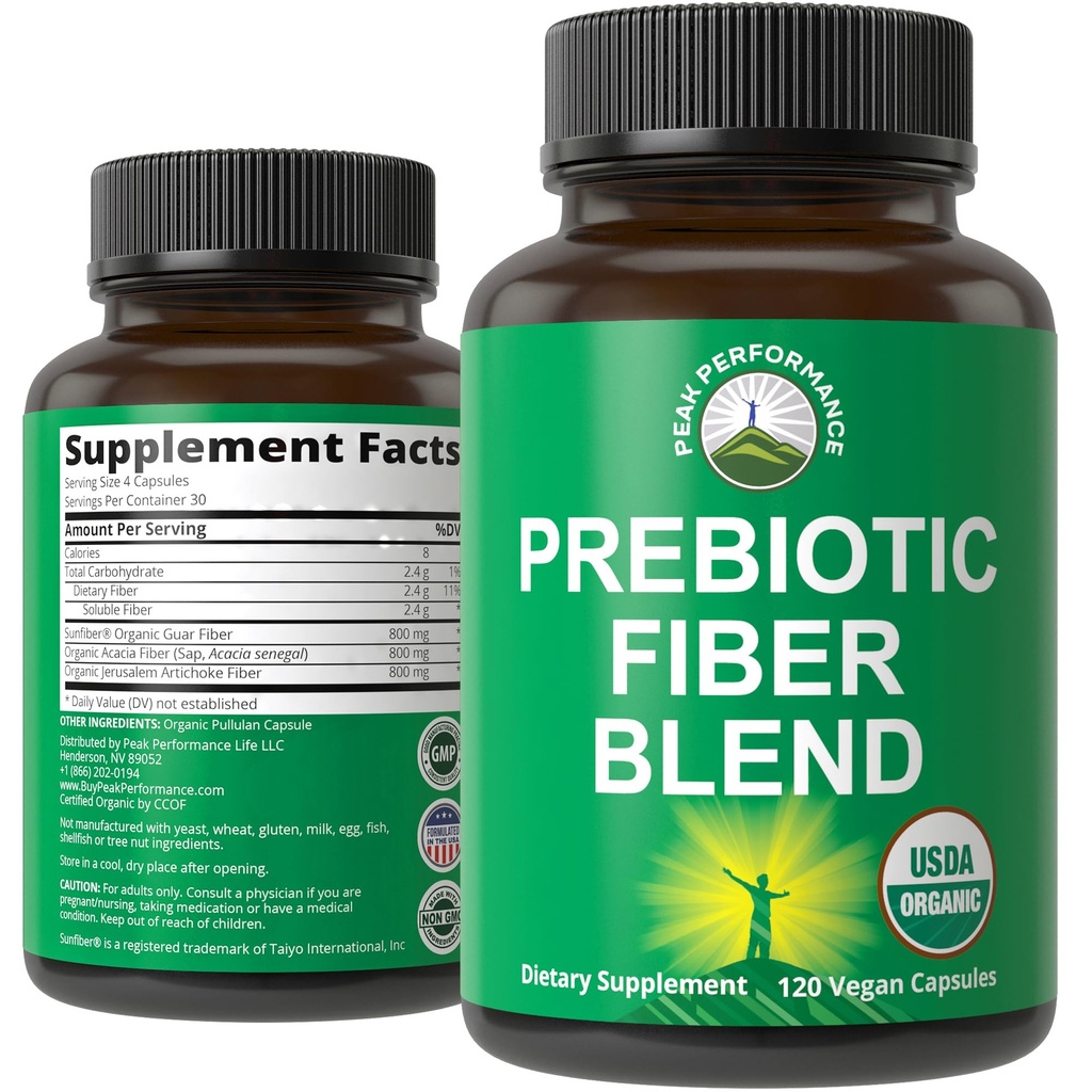 USDA Organic 3-in-1 Prebiotic Fiber - Vegan Κάψουλες για το έντερο, Digestive Health. Ακατέργαστο σύνολο φυτών τροφίμων με βάση τα πρεβιοτικά χάπια συμπλήρωμα με Inulin (Jerusalem Artichoke), Acacia Fibers, SunFiber