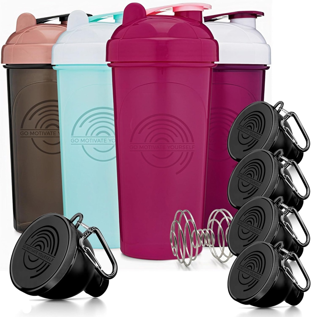 GOMOYO Fitness Bundle - 4-πακέτο μπουκάλια shaker με Agitor + 5-πακέτο χωνιά πρωτεΐνης με Carabiner, BPA-Free & Πλυντήριο πιάτων ασφαλή