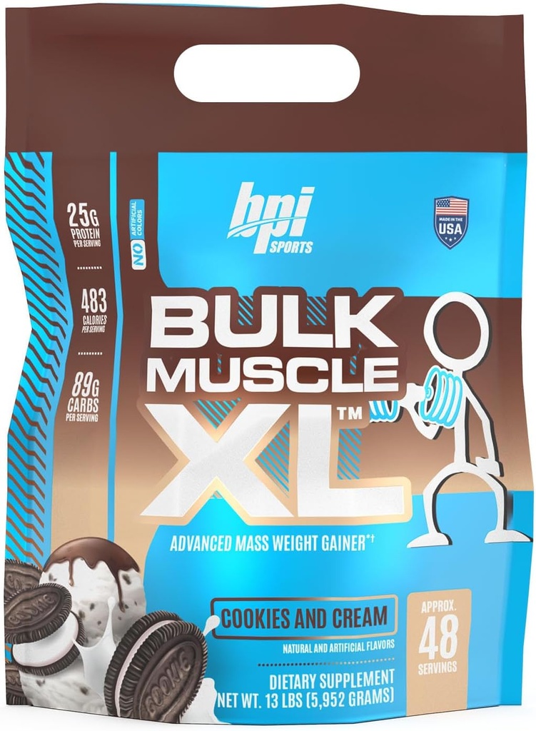 BPI Sports Μαζική Μύες XL - Advanced Μαζικό Βάρος Κερδίζοντας για Σοβαρή Μυϊκό Κτίριο & Ανάκτηση, 25g Πρωτεΐνη & 497 θερμίδες ανά υπηρεσία - Σοκολάτα, 13lb Τσάντα (13lb, Cookies και Κρέμα)