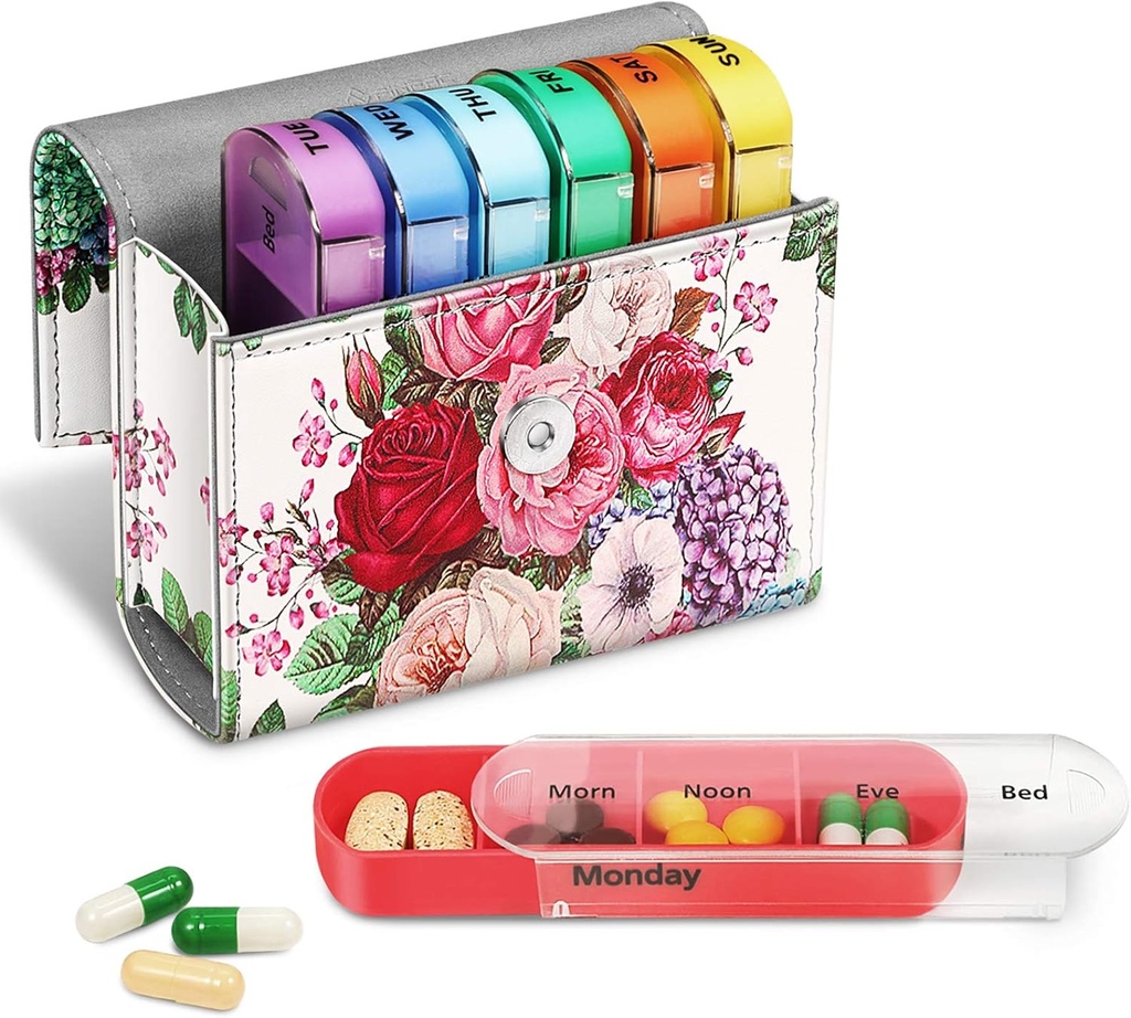 FINPAC Weekly Pill Organizers 4 φορές την ημέρα, Slide Open PU Δερμάτινη Θήκη Travel Pill Vitamin Medicine Υπενθύμιση και Planner με την κάρτα όνομα για το πρωί