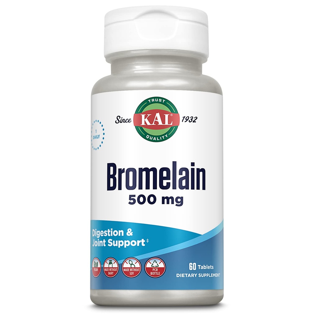 KAL Bromelain 500 mg, συμπλήρωμα διήθησης και κοινής υποστήριξης, Digestive Ένζυμα, εκχύλισμα ανανά, ταχεία αποσύνθεση, Vegan, Made Without Dairy or Soy, Lab Επαληθευμένο, 60 σερβιέτες, 60 δισκία