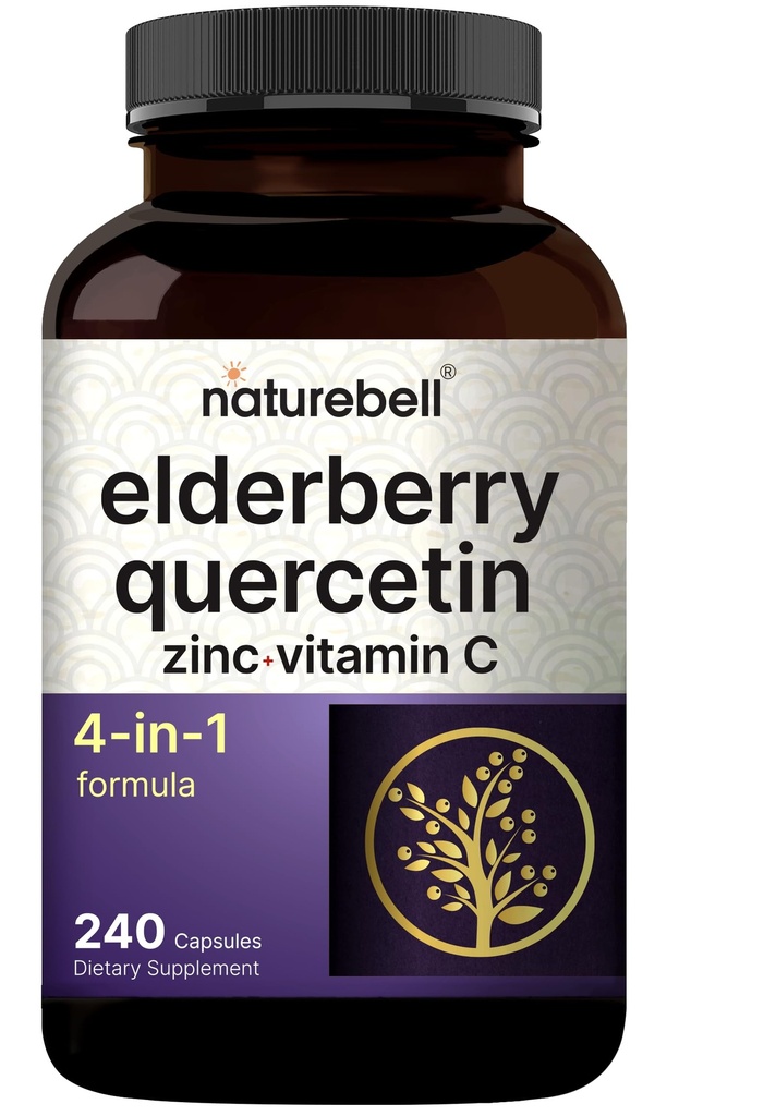 NatureBell Elderberry Quercetin 4-in-1 with Vitamin C & Zinc, 240 Capsules | Traditional Herbal Supplement | 500mg Sambucus Nigra, 500mg Quercetin, 250mg Vitamin C, 50mg Zinc Picolinate per Serving