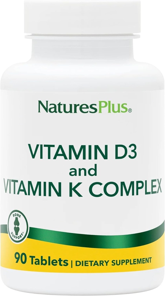 Natures Plus Vitamins D3 & K2-90 Tablets - Προάγει την υποστήριξη των οστών, την ανοσοποιητική λειτουργία, την καρδιοαγγειακή υγεία & ισορροπία διάθεσης - χορτοφαγικά, χωρίς γλουτένη - 90 εξυπηρετήσεις
