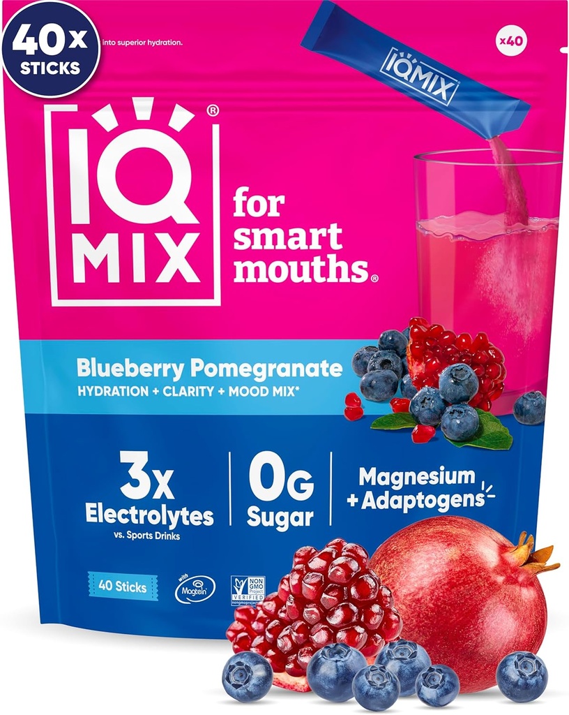 IQMIX Hydration Electrolyte Powder – 4-σε-1 Formula for Hydration, Mental Clarity, Mood and Recovery – Μείγμα ποτού χωρίς ζάχαρη, Keto, Magnesium L-Threonate, Mane Lion’s 40 Count Blueberry Ρόδι