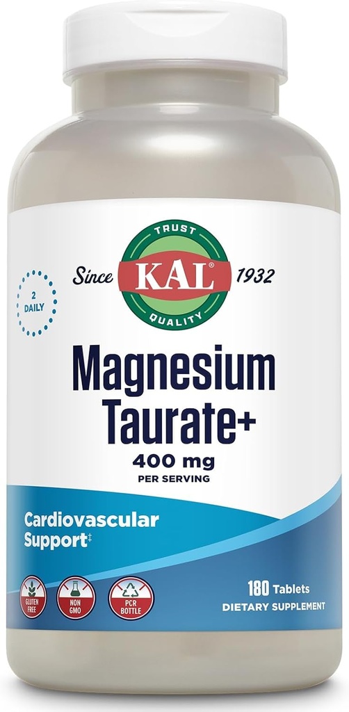 KAL Μαγνήσιο Taurate 400mg Plus Συνένζυμο Βιταμίνης Β6, Χηλικό συμπλήρωμα μαγνησίου, Μυϊκή λειτουργία, Χωρίς γλουτένη, Vegan, 90 Serv, 180 δισκία