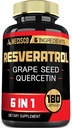 6in1 Trans Resveratrol συμπλήρωμα με σπόρους σταφυλιών, γαϊδουράγκαθο γάλακτος, και More - Resveratrol 1000mg - Υποστηρίζει για το ανοσοποιητικό σύστημα, την υγεία της καρδιάς, τη διαχείριση του σώματος - 180 κάψουλες