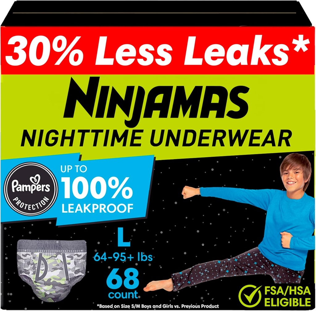 Ninjamas Boys Bedwetting Nighttime Εσώρουχα, Μέγεθος L Pull Ups for Boys (64-95+ λίβρες), 68 Count, Training Pants, Overnight Εσώρουχα Παιδιά, Ultra Απορροφητικό, Υποαλλεργικό