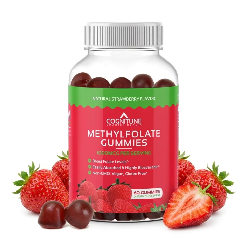 CogniTune Methylfolate Gummies for Kids and Adults - L-Methylfolate 1000mcg 5-MTHF Folate Supplement - MTHFR Support - Strawberry Chewable Vitamin B9 - Non-GMO Vegan - 60 Count
