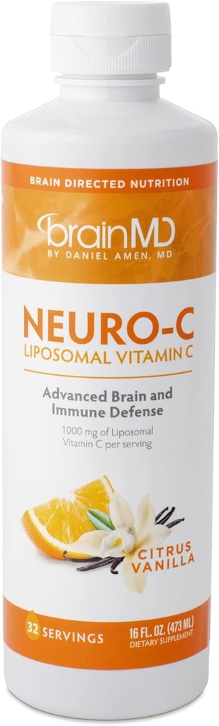 BRAINMD από τους Dr Amen Neuro-C, Citrus Vanilla - 16 fl oz - 1000 mg Λιποσωμική Βιταμίνη C - Προηγμένη Εγκέφαλος & Ανοσολογική Άμυνα - Χωρίς γλουτένη - 32 Σερβιέτες