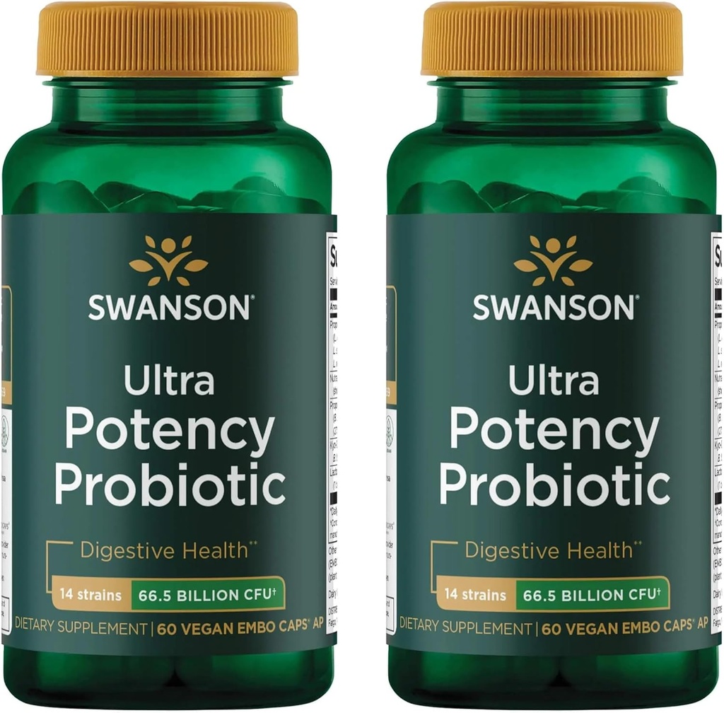 Swanson Ultra Potency Probiotic Digestive Health Immune System Support 66 Δισεκατομμύρια CFU Prebiotic NutraFlora scFOS 60 DRcaps Veggie Caps (Κάψουλες) (2 Συσκευασία)