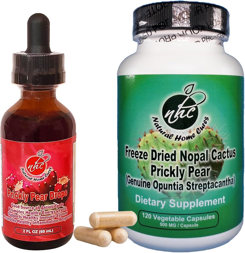Prickly Pear Nopal Cactus Supplement Combo Pack - Freeze Αποξηραμένο εκχύλισμα φρούτων κάκτου - 120 κάψουλες λαχανικών & 2 ουγγιές Υγρές σταγόνες - Vegan, Πλούσιο σε Μπεταλέινς, & Bioδιαθέσιμο