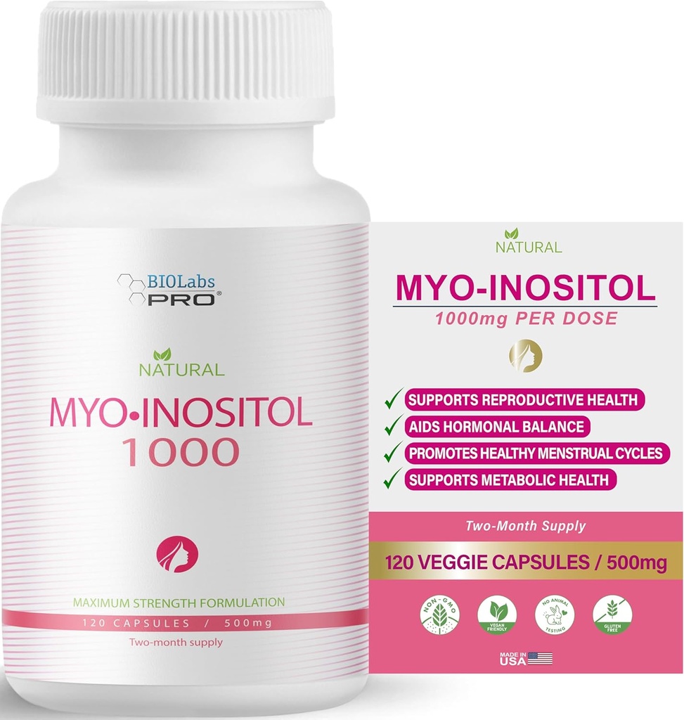 BIOLABS PRO Συμπλήρωμα Myo-Ινοσιτόλη 1000mg – Φυσική Διατροφική Υποστήριξη για την Κυτταρική Υγεία & Ευεξία, Premium Μη ΓΤΟ, Χωρίς Γλουτένη, Kosher Certified, Paraben-Free - (120 Caps - 2-Month Supply)