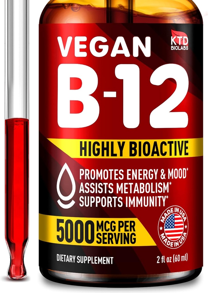 B12 Υπογλώσσιες σταγόνες 5000 mcg - Made in USA - Vegan B12 Βιταμίνες για την ενέργεια, Mood & Memory - Εξαιρετικά βιοδιαθέσιμες υπογλώσσιες σταγόνες - Methylcobalamin για γυναίκες & άνδρες - 2 fl. oz.