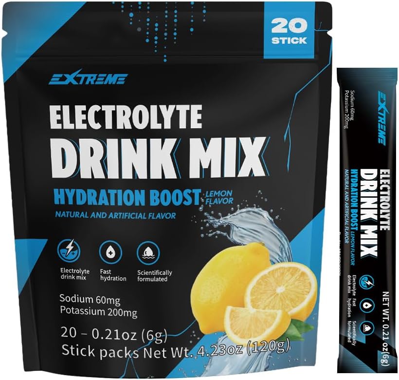 Extreme Electrolyte Drink Mix with Sodium 60mg, Pastium 200mg, Taurin - Hydration Powder, Zero Sugar, Zero Caffeine, Non GMO, Zero Gluten, Low Calorie, Lemon Flavor (20 πακέτα, 20 ημέρες προσφοράς)