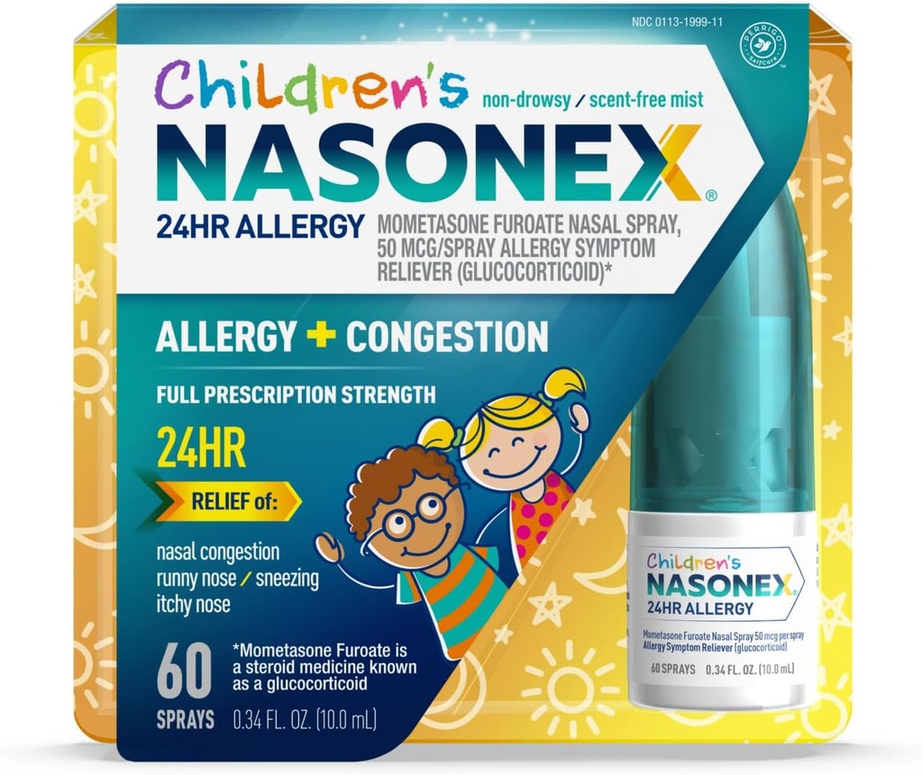 Nasonex Παιδιά 24HR Αλλεργικό Nasινικό σπρέι, μη υπνηλία, Αίσθημα-ελεύθερος, Αλλεργία Συμπτώματα + Ρινική Συμφόρηση, Πλήρης δύναμη συνταγής, 60 σπρέι