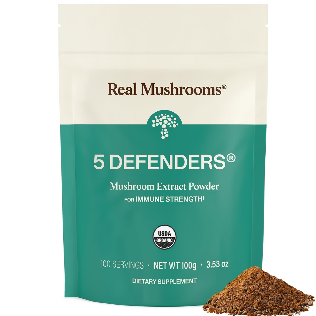Real Mushrooms 5 Defenders Mushroom Complex Powder – Βιολογικό εκχύλισμα μανιταριών από Chaga, Reishi, Turkey Tail, Maitake & Shiitake Mushroom Blend για την υποστήριξη ευεξίας με Beta Glucans - 100 εξυπηρετήσεις