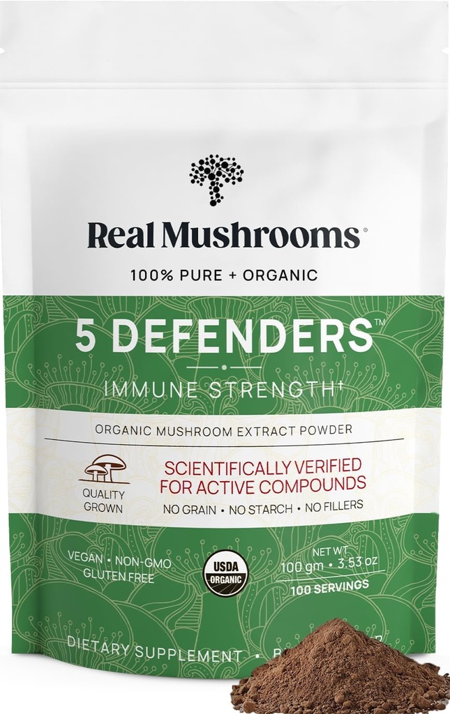 Real Mushrooms 5 Defenders Mushroom Complex Powder – Organic Mushrooms Extract from Chaga, Reishi, Turkey Tail, Maitake & Shiitake Mushroom Blend for Wellness Support with Beta Glucans - 100 Servings