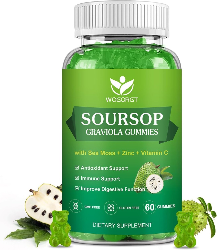 WOGORGT Soursop Graviola Gummies - Soursop Multivitamin Gummies με 200mg Sea Moss Extract για Αντιοξειδωτικό, υποστήριξη & αναγέννηση κυττάρων, Ανοσολογική Υποστήριξη, Vegan, Apple Γεύση - 60 Gummies