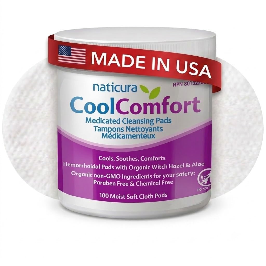 Naticura CoolComfort Witch Hazel Wipes for Hemorrhoid Treatment 100 Pads | Made in USA, Organic Witch Hazel & Aloe Pads, Postpartum Recovery, Fast Cooling Relief, Burning, Itching & Swelling Relief