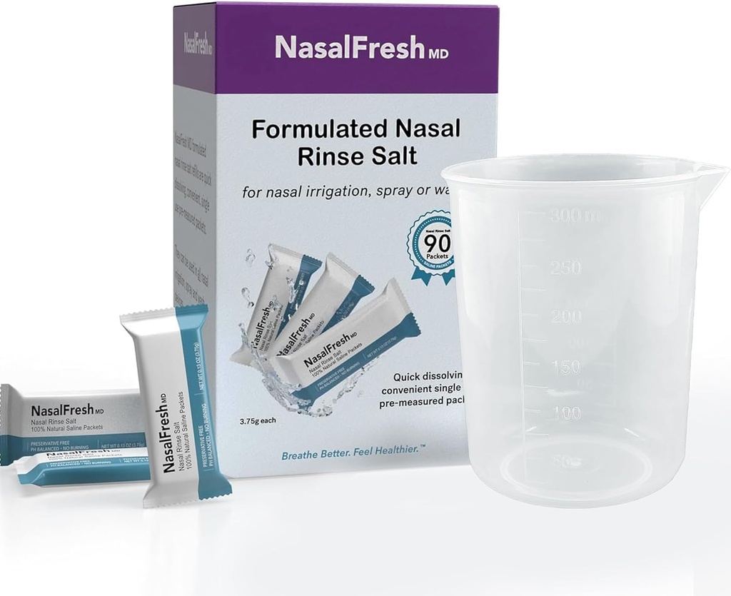 NASALFRESH MD - Σακουλάκια αλατιού - Γρήγορη διάλυση - Ενιαία χρήση - Προ-Μέτρα - Ρινική άρδευση - Ατομικά τυλιγμένα (3.75g/1.3oz) - 90 Count Refill Packets - 300mm Cup
