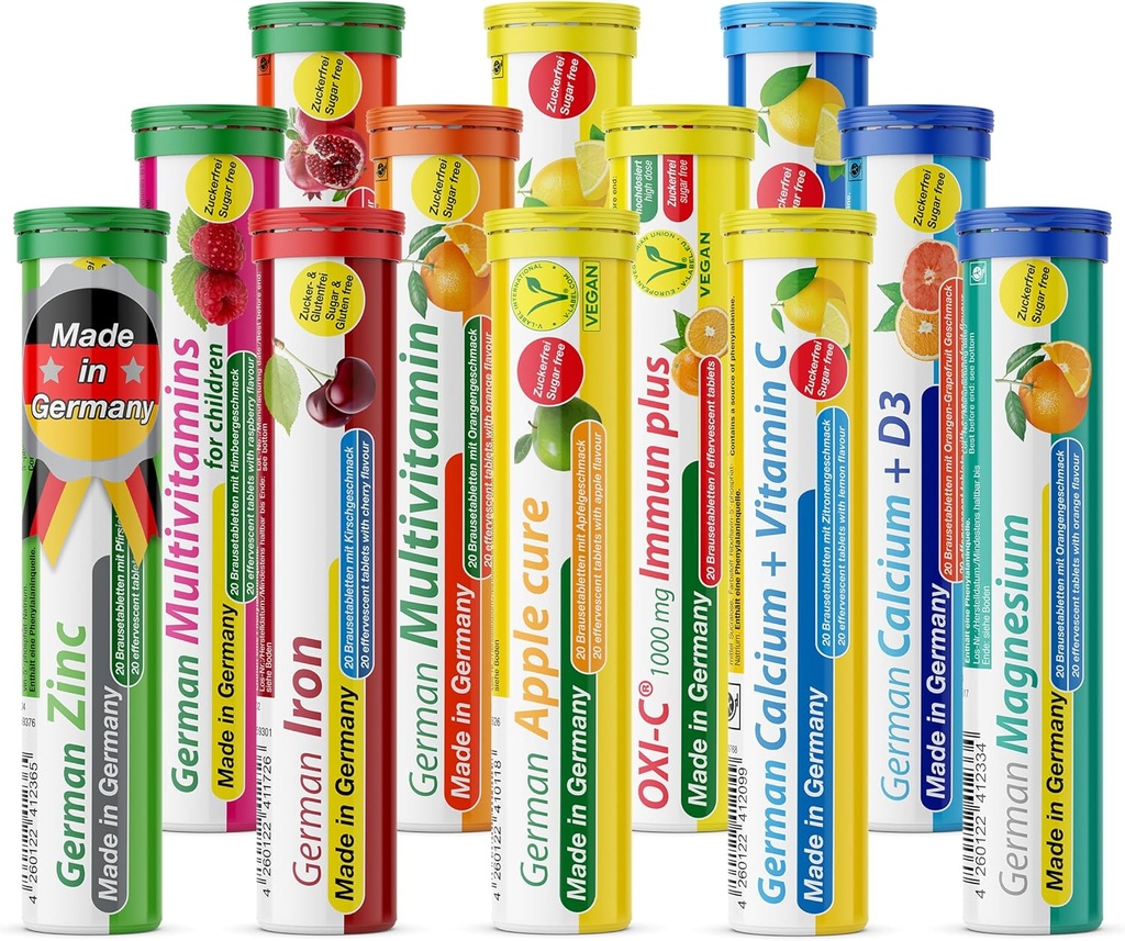 T&D Γερμανική Βιταμίνη, Ορυκτά - 240 Vegan/Vegetarian Drink Αναβράζοντα Δισκία - Mixed Fruit Flavor Box - Κατασκευασμένο στη Γερμανία