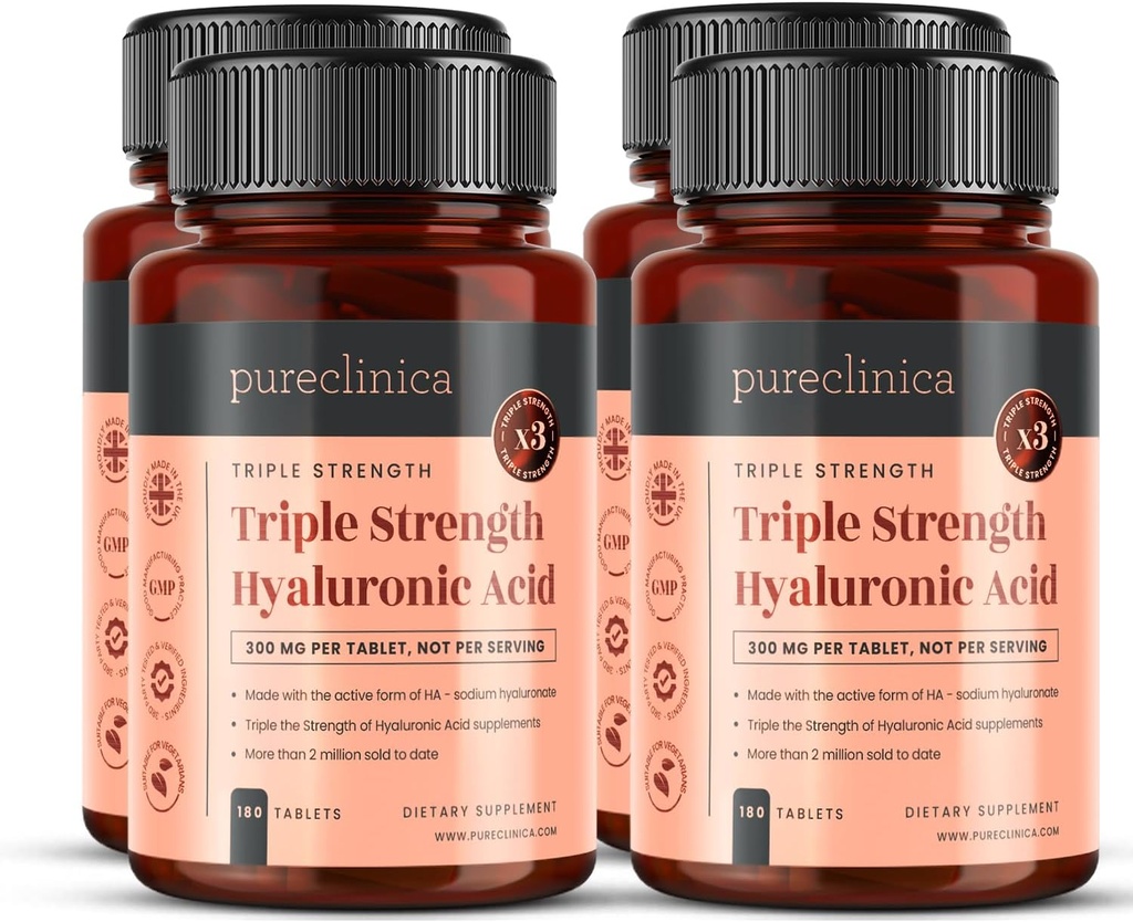 pureclinica Triple Strength Hyaluronic Acid 300mg x 720 Tablets (4 Bottles of 180) - 2 Years Supply