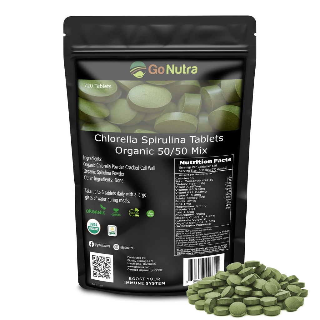 Go Nutra Organic Spirulina Chlorella Tablets 50/50 Blend | Nutrient Dense Superfood - Vegan Protein, Chlorophyll, Enzymes | 500mg Each Chlorella Spirulina Tablets, 720 Count, 4 Month Supply