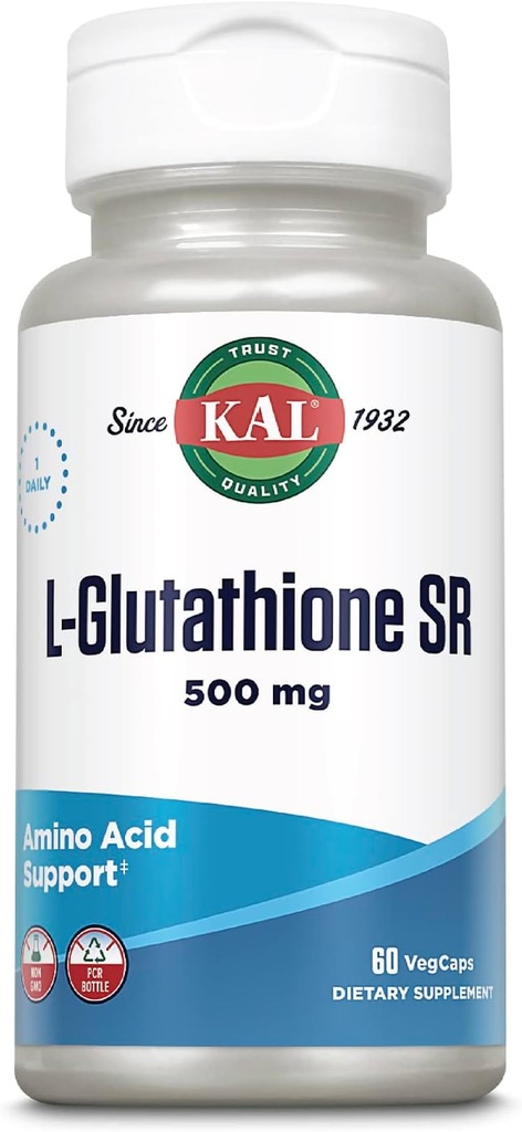 KAL L-Glutathione SR, Μειωμένο συμπλήρωμα γλουταθειόνης, Υψηλή Απορρόφηση Αντιοξειδωτικό συμπλήρωμα, Εργαστήριο Επαληθευμένο, 60 ημερών εγγύηση, 60 υπηρεσίες, 60 VegCaps