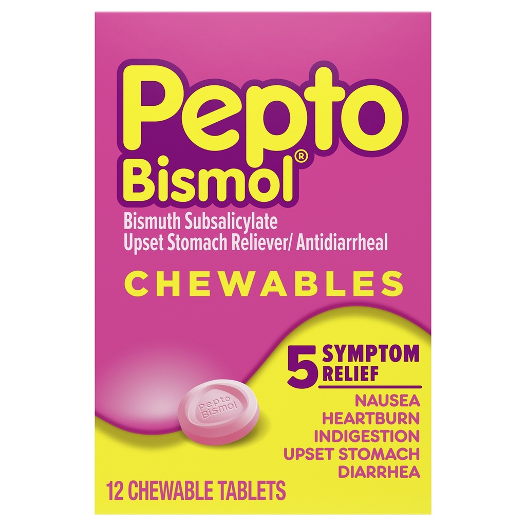 Pepto Bismol Chewable Tablets, Upset Stomach Relief, Nausea Relief, Heartburn Relief, Indigestion Relief, Anti Diarrhea Medication for Adults - 5 Symptom Relief, 12 ct