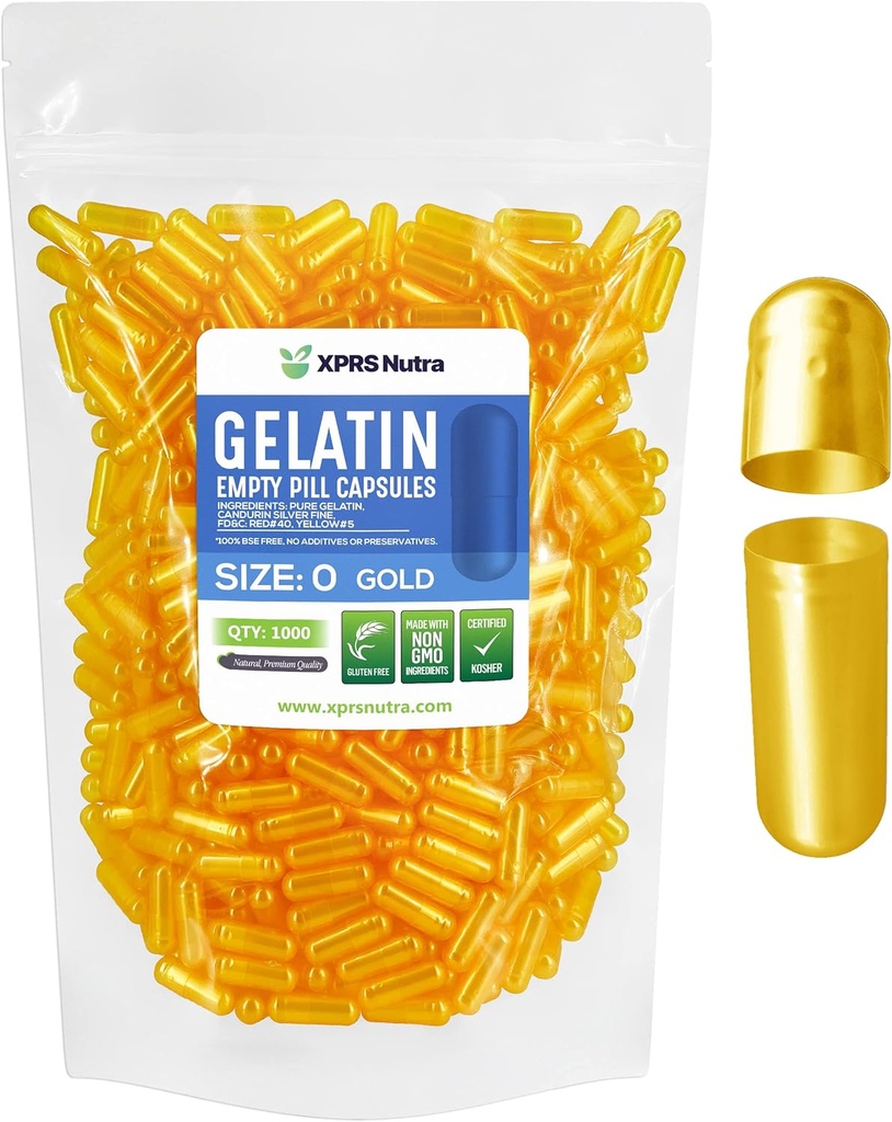 XPRS Nutra Μέγεθος 0 Άδειες κάψουλες - 1000 Κάψουλες της Ζελατίνης - Χάπια DIY Καψάκιο Γέμισμα - Καθαρά Καπάκια για Χάπια Βοοειδών Gel για Συμπληρώματα Do-It-Yourself (Χρυσό)