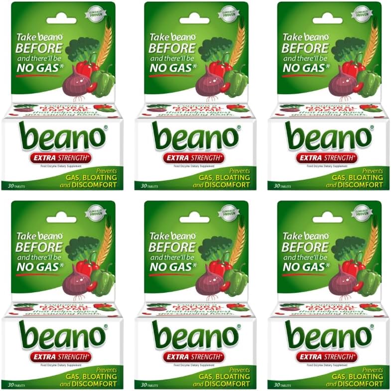Beano Extra Strength, Digestive Enzyme Supplement, Prevents Gas, Bloating and Discomfort (Packaging May Vary) 30 Count Each (Pack of 6)