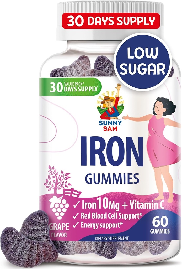 SUNNY SAM Iron Gummies for Kids & Adults - Iron Vitamins with Vitamin C, 10mg per Serving - Chewable Fruit Gummy for Immune Support Red Blood Cell Production