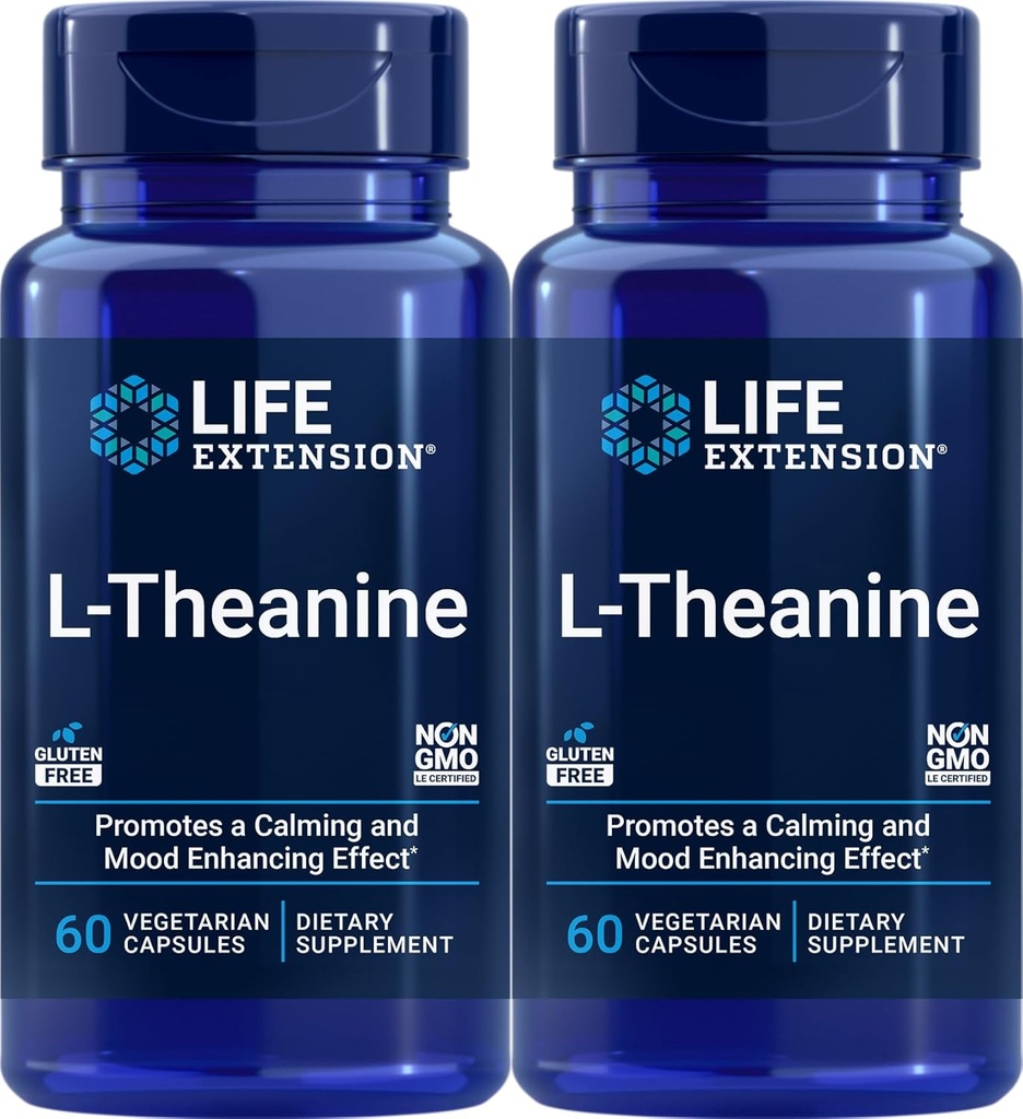 Life Extension L-Theanine, 60 Vegetarian Capsules (Pack of 2) - Amino Acid Derived from Tea - Gluten-Free, Non-GMO