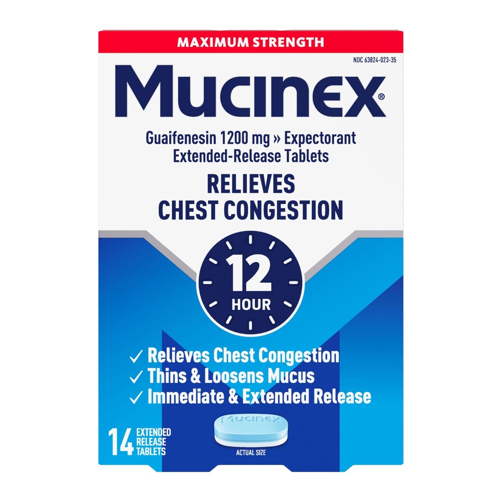Mucinex 12 Hour Maximum Strength 1200 mg Guaifenesin Extended-Release Tablets for Excess Mucus Relief, Expectorant Aids Excess Mucus Removal, Chest Congestion Relief, 14 Tablets