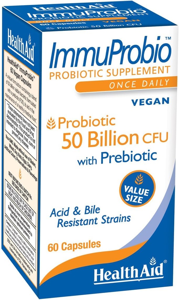 HealthAid ImmuProbio 60 Caps - 50 δις CFU με προβιοτική, μία φορά την ημέρα, οξύ και ανθεκτικό στη χολή στεφάνες, Vegan